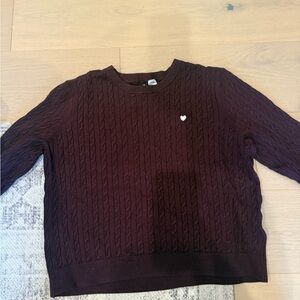 H&M Women's Cable Knit Crewneck Sweater - Deep Burgundy with Small White Heart